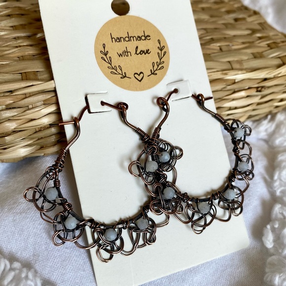 Blue Lace Agate Handcrafted Copper “Lace” Hoop Earrings - Picture 6 of 8